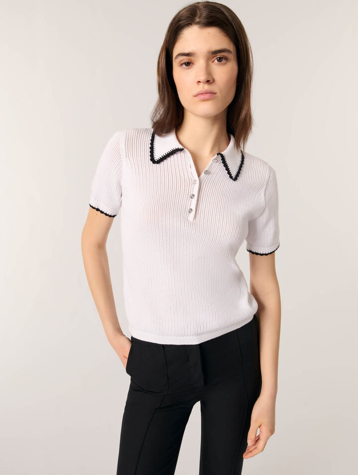 Polo in maglia pointelle e crochet