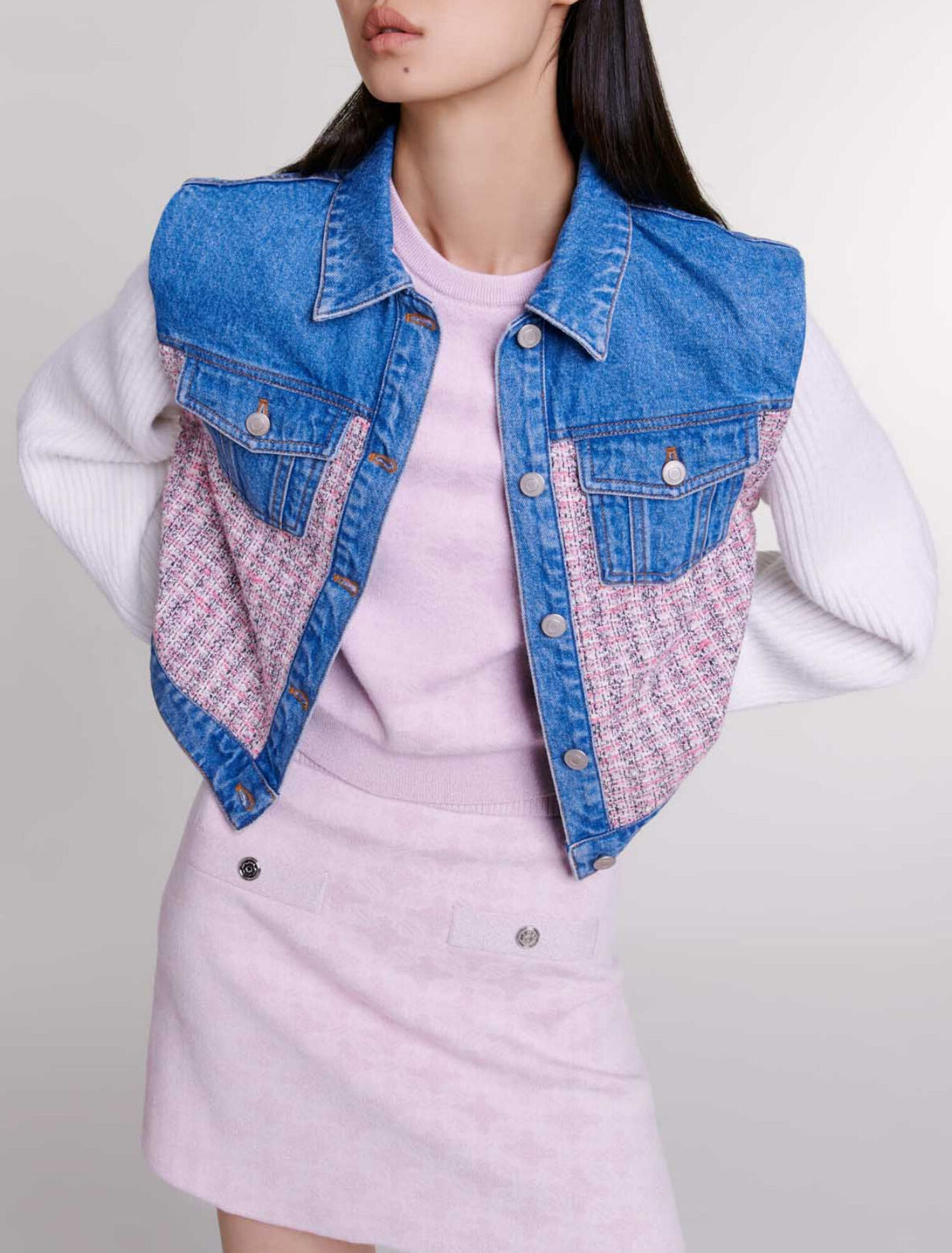Giubbotto corto in denim e tweed