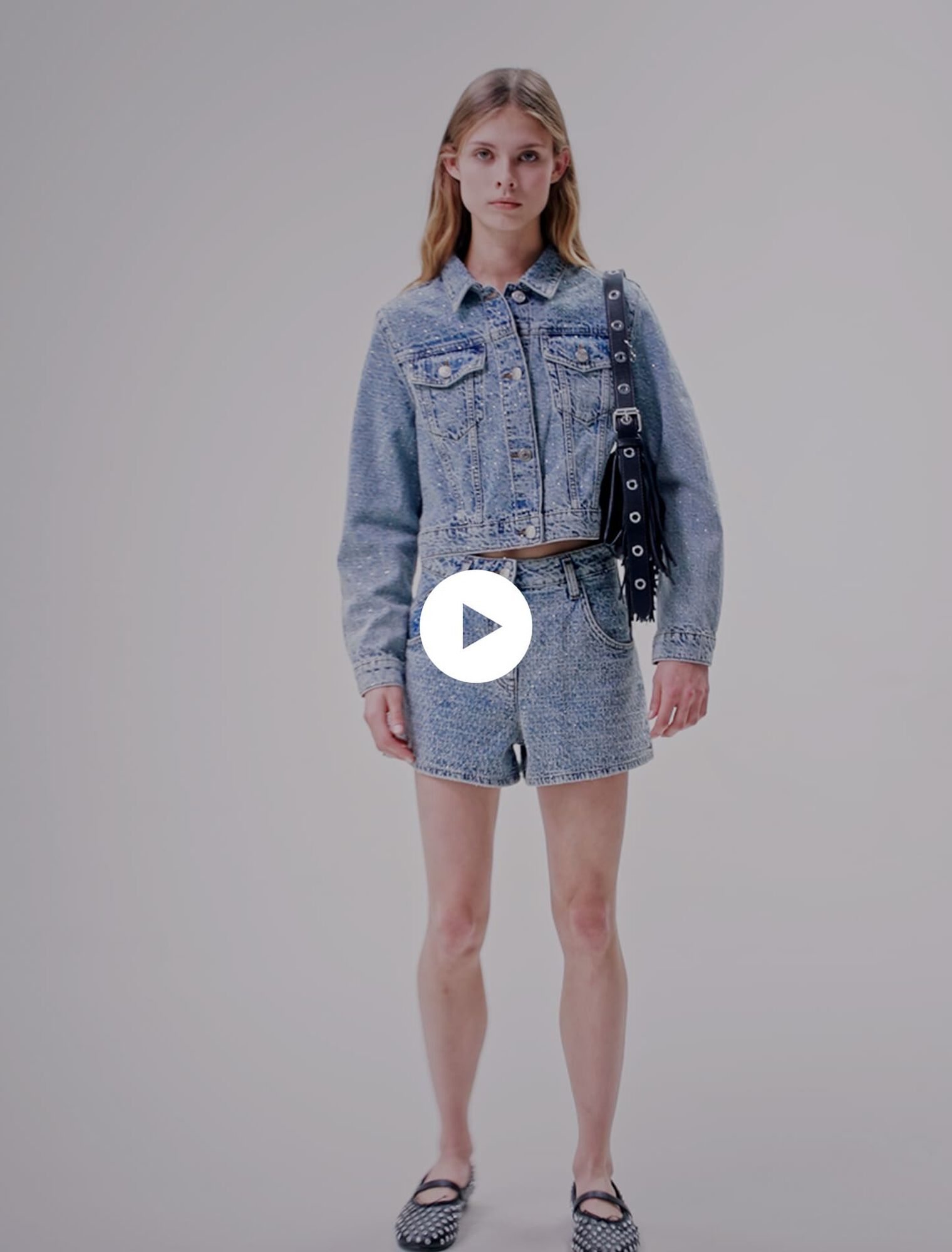 Short in jeans jacquard e strass
