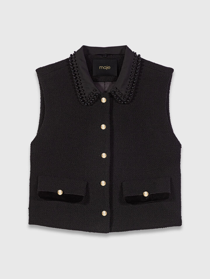 Top in tweed con profili in velluto