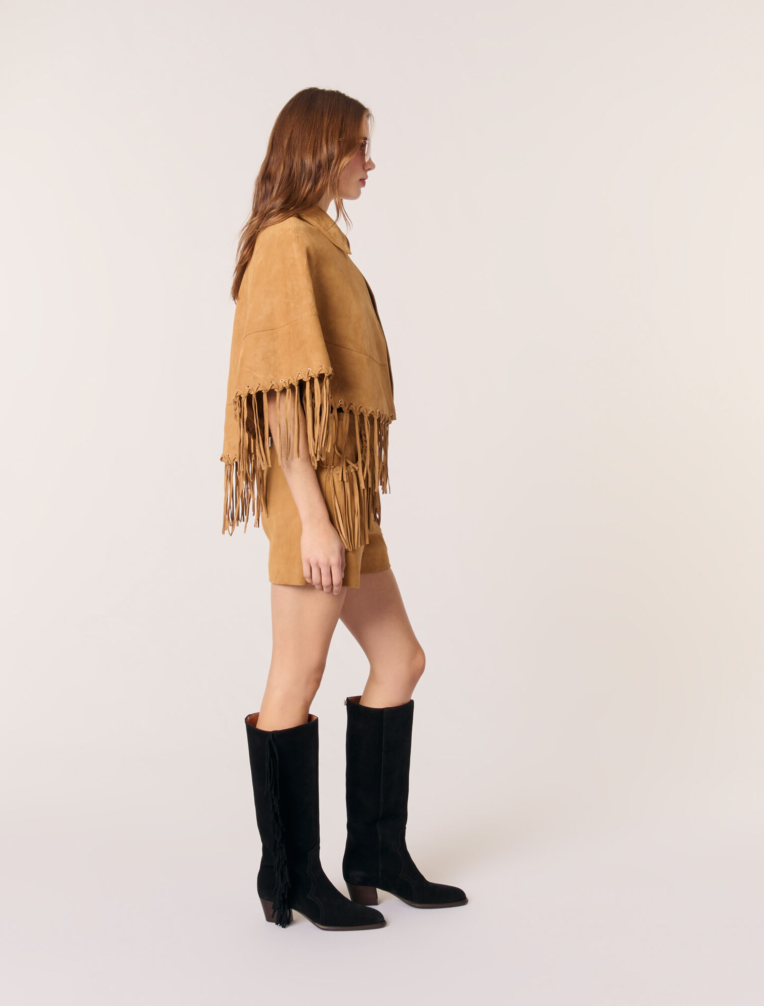 Cappotto corto con frange in nabuk