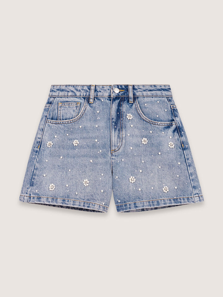 Shorts in denim con perle ricamate