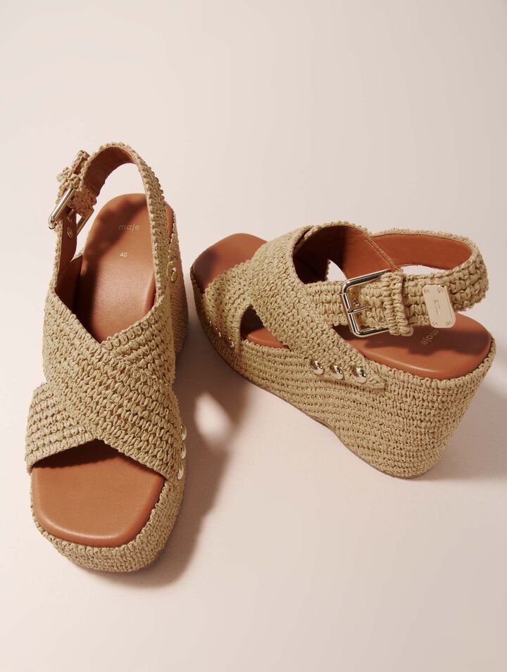 Sandali con zeppa in simil rafia