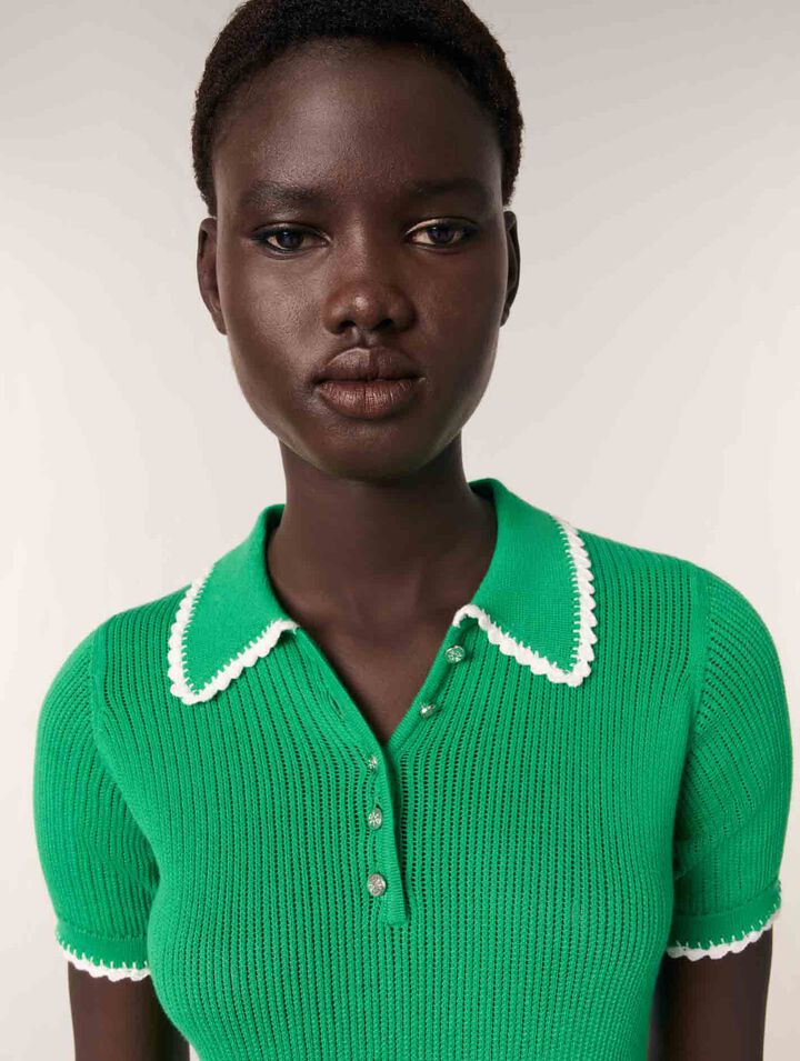 Polo in maglia pointelle e crochet