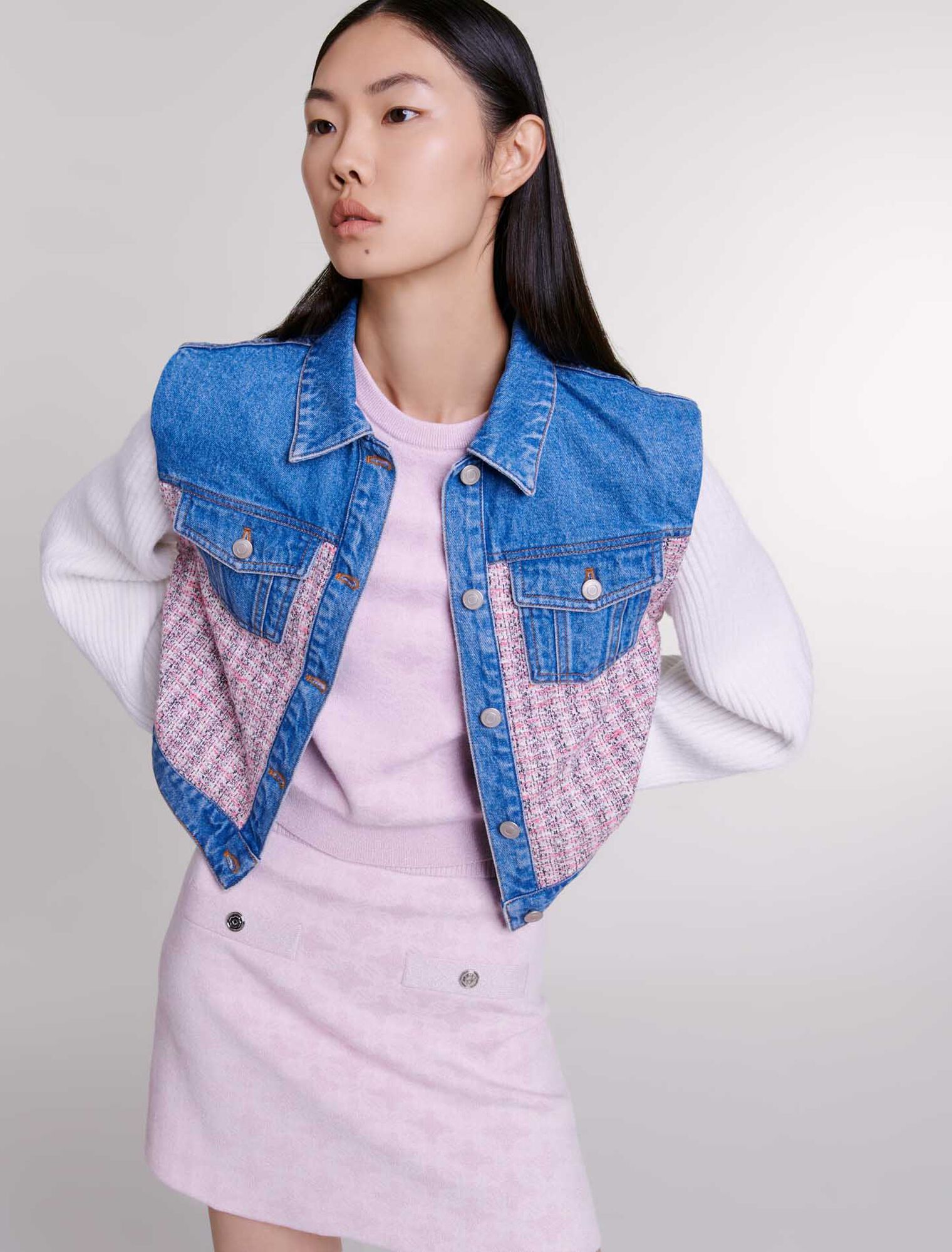 Giubbotto corto in denim e tweed