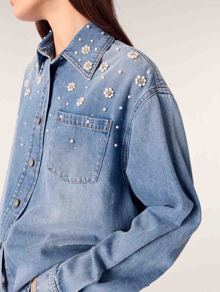 Camicia in denim con perle ricamate