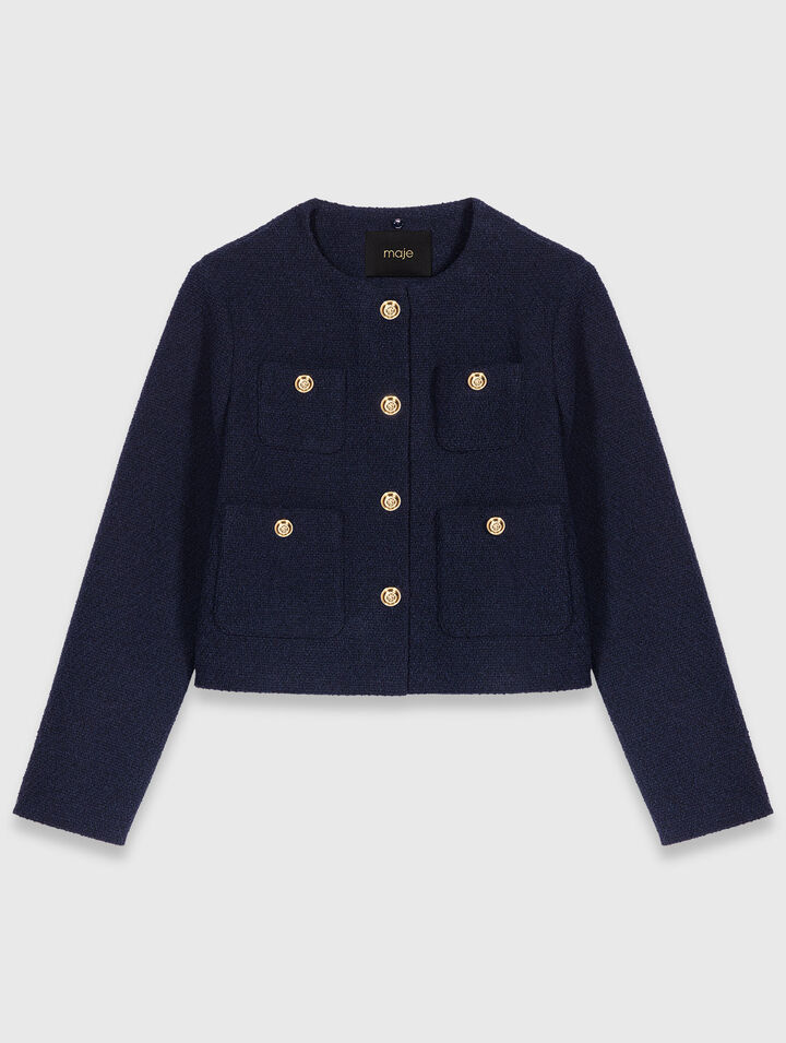 Giacca corta tweed, colletto rimov.