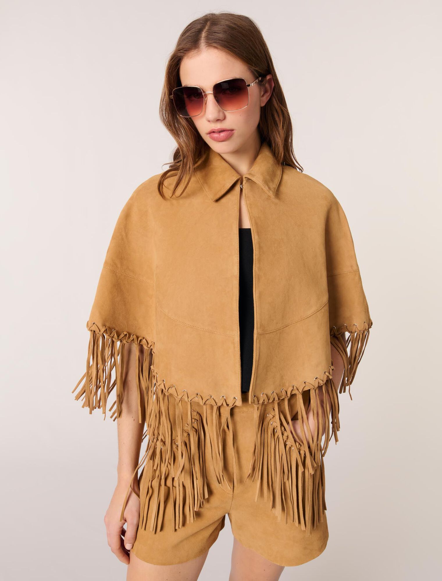 Cappotto corto con frange in nabuk