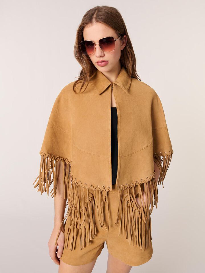 Cappotto corto con frange in nabuk