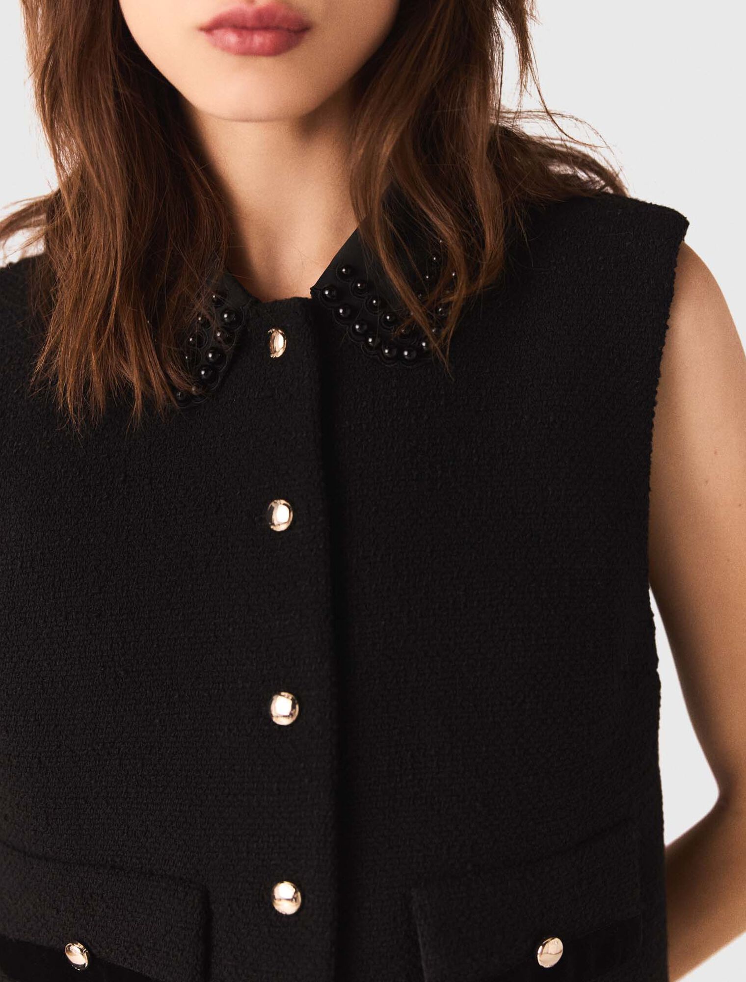 Top in tweed con profili in velluto