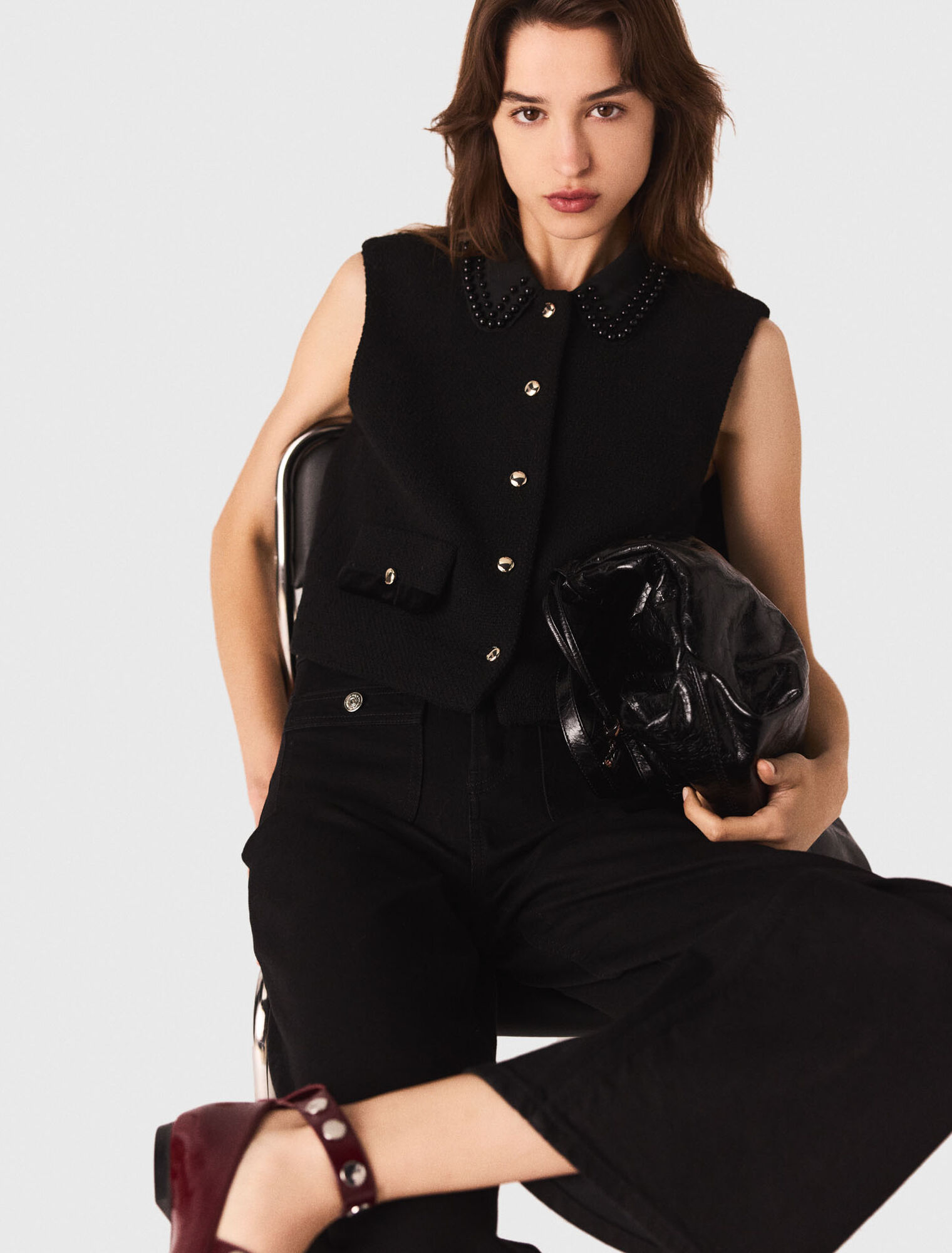 Top in tweed con profili in velluto