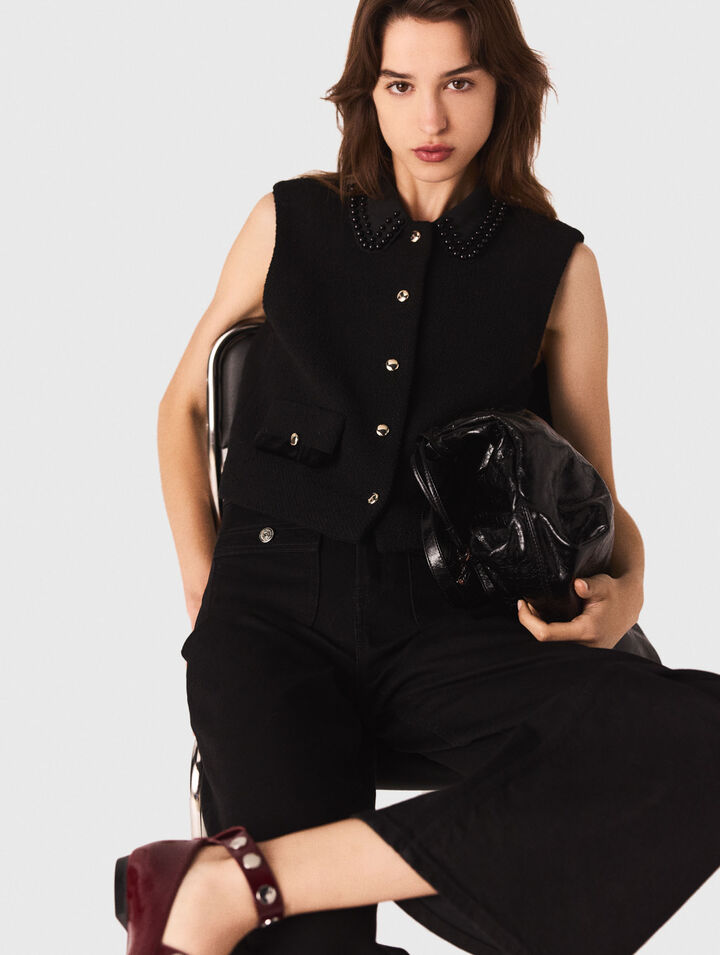 Top in tweed con profili in velluto