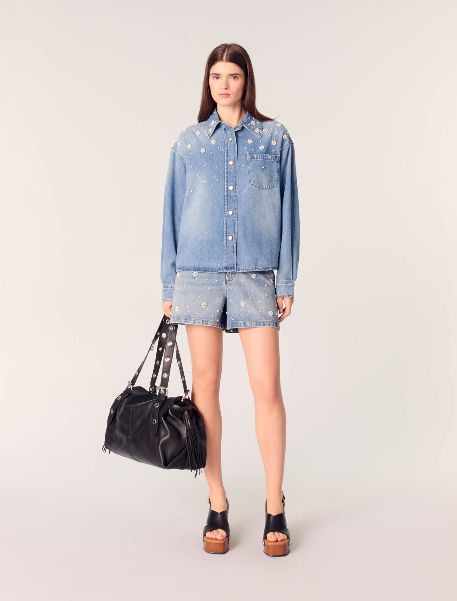 Camicia in denim con perle ricamate