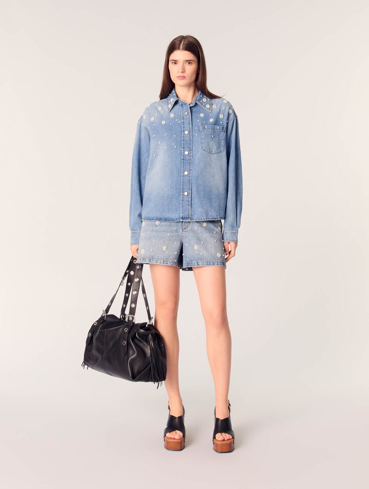 Camicia in denim con perle ricamate