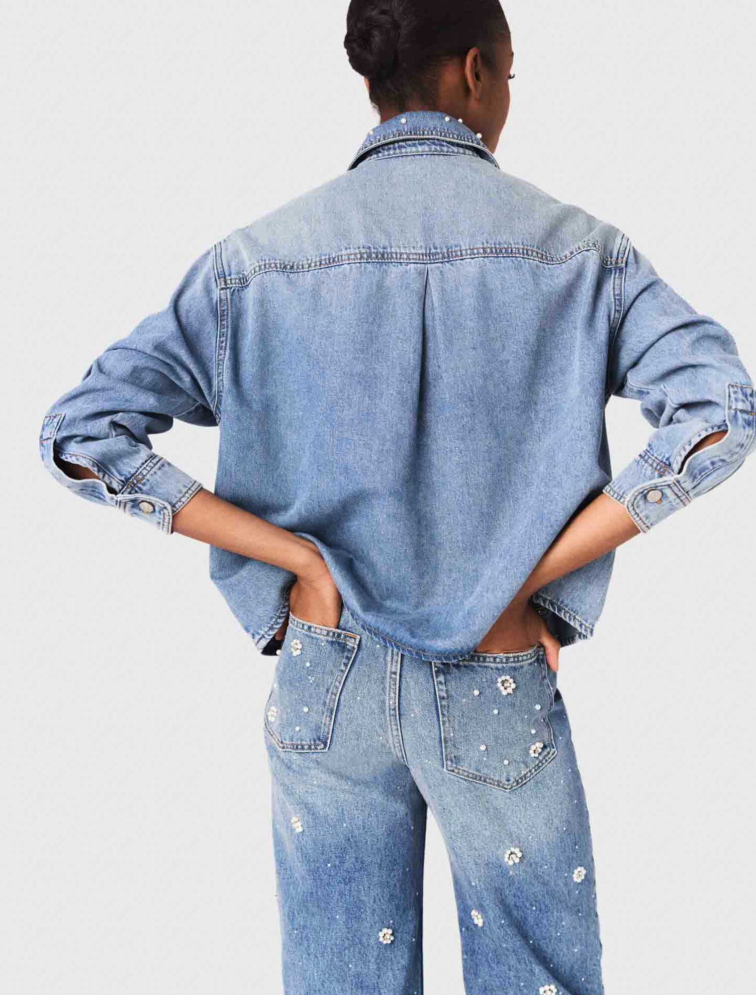 Camicia in denim con perle ricamate