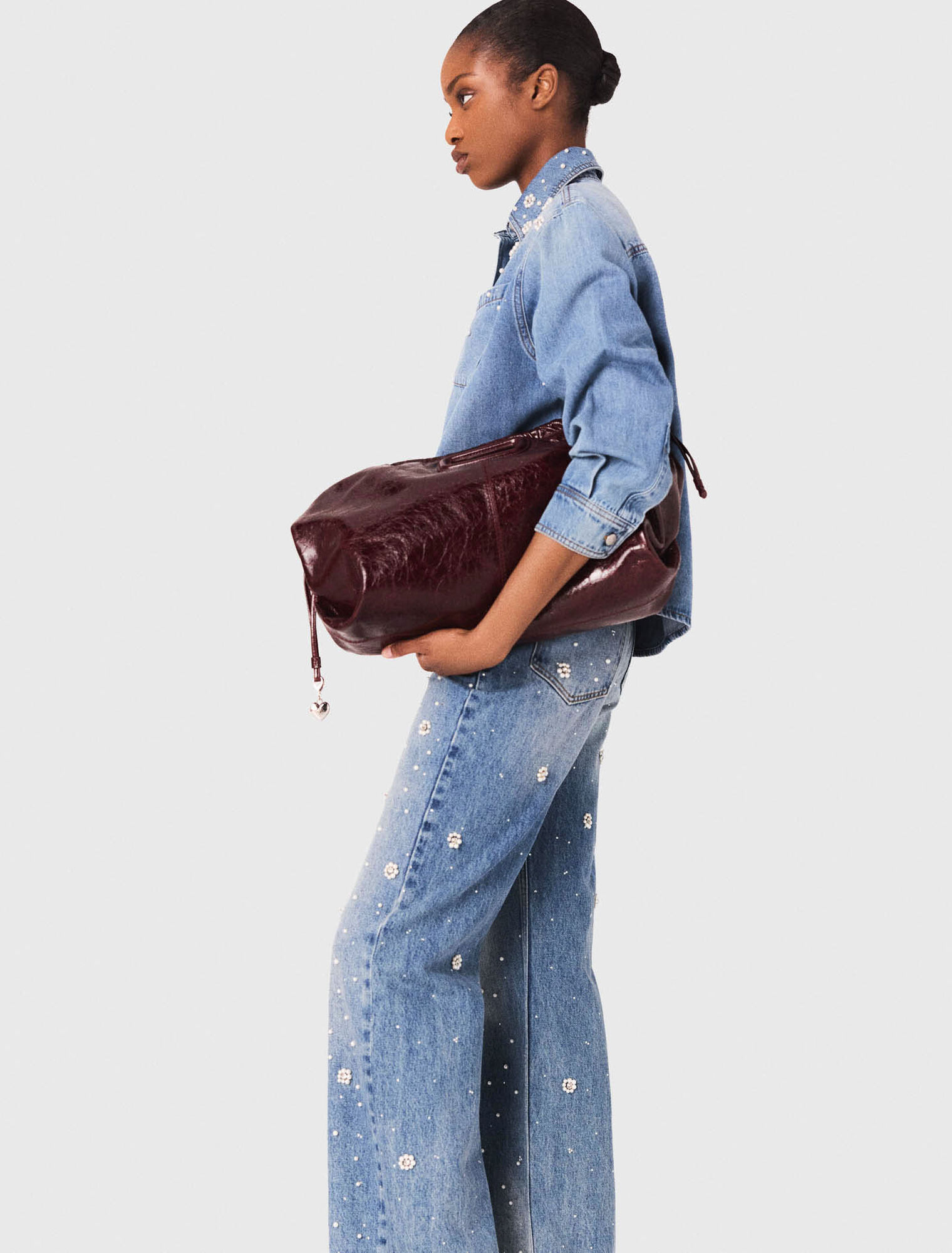 Camicia in denim con perle ricamate