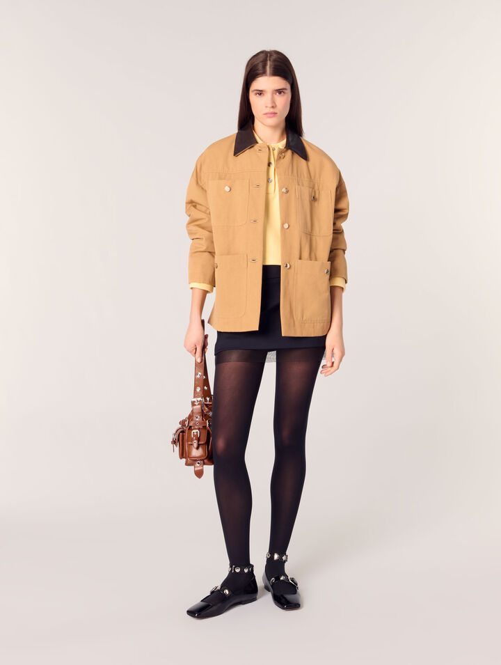 Cappotto in cotone collo in pelle