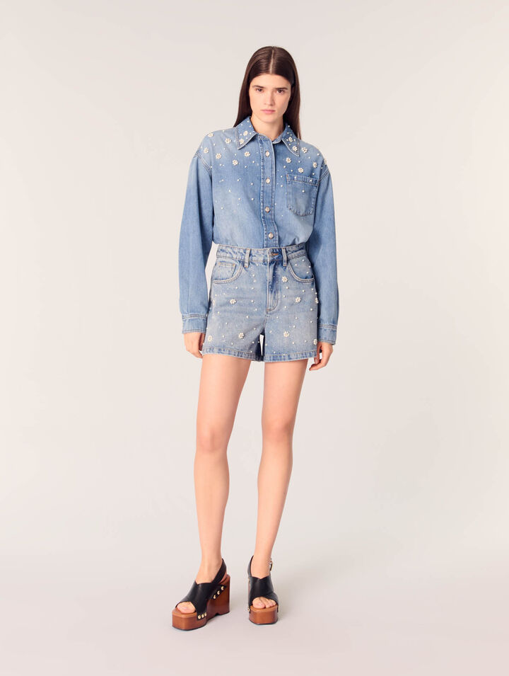 Shorts in denim con perle ricamate