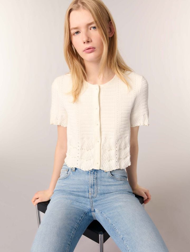Cardigan maglia pointelle con perle