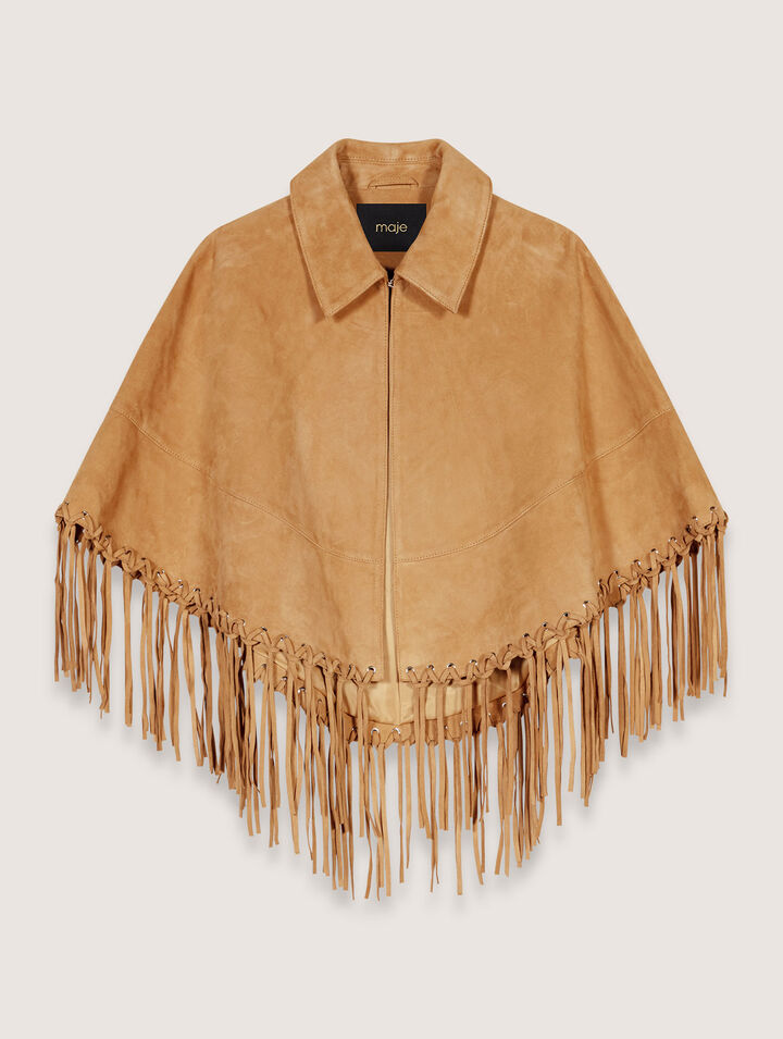 Cappotto corto con frange in nabuk