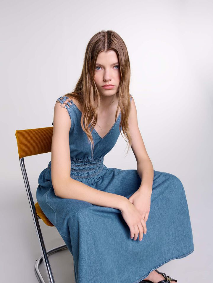 Abito lungo traforato in denim