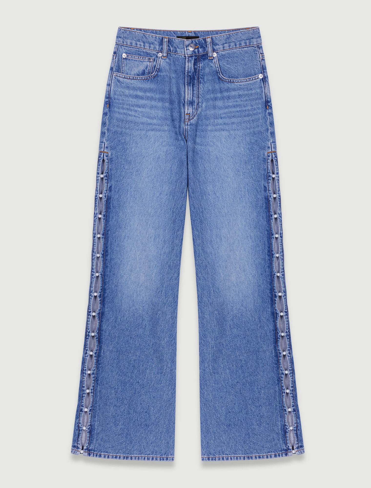 Jeans dritti traforati con perline