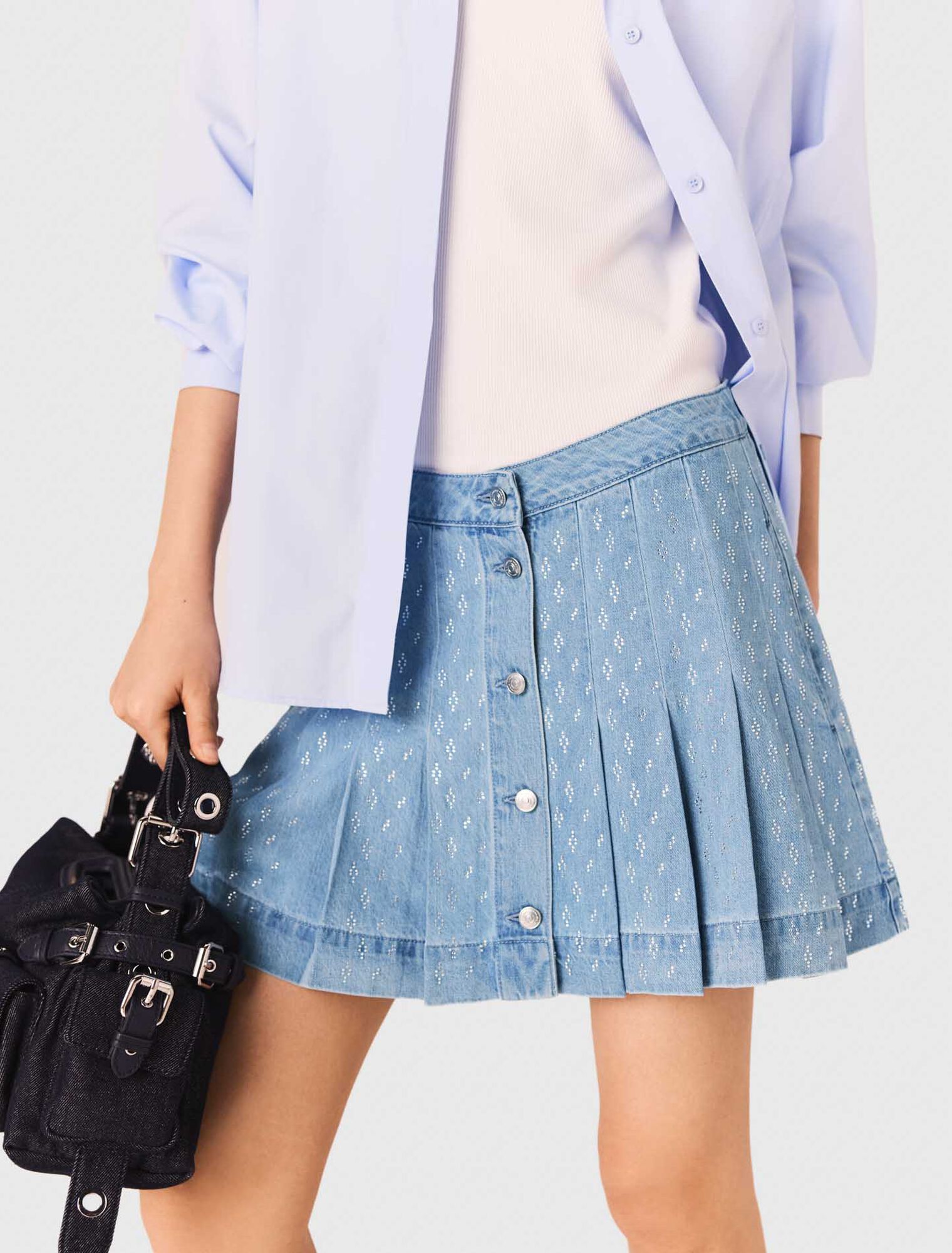 Gonna plissettata denim con strass