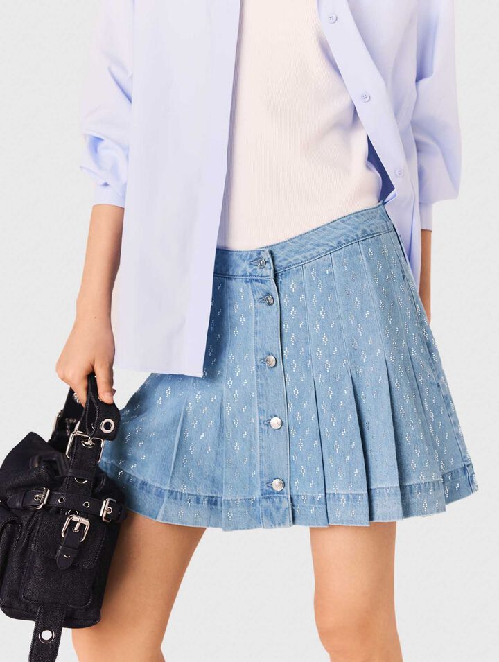 Gonna plissettata denim con strass