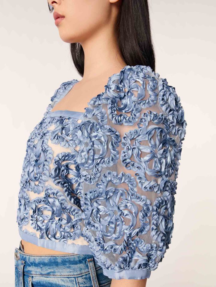 Top in organza con motivo floreale