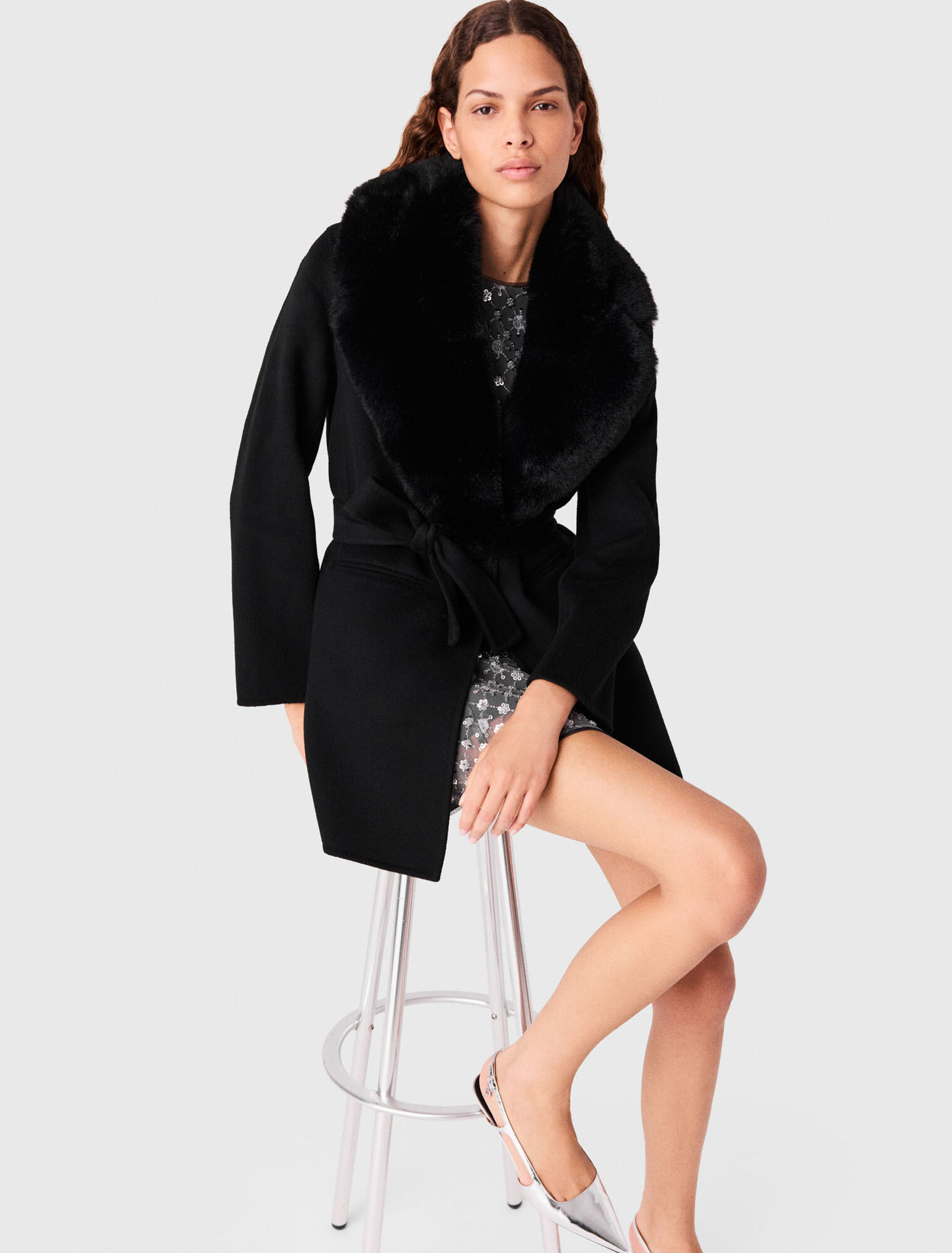 Cappotto lungo collo ecopelliccia