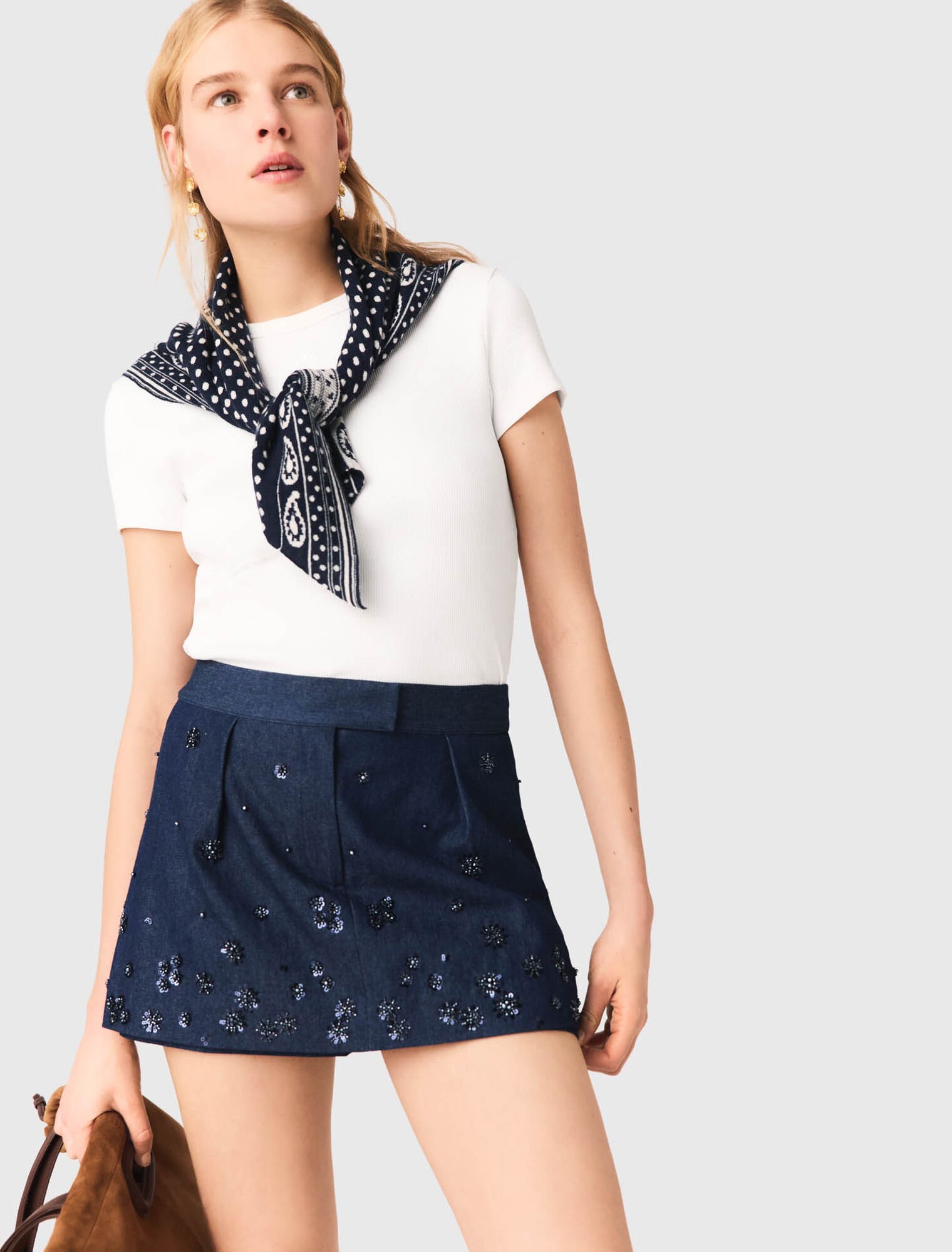 Short trompe l'oeil denim ricamato