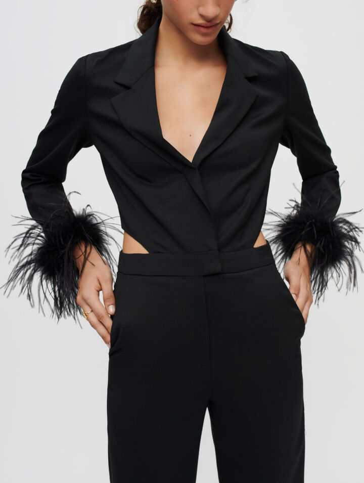 Tuta pantalone in piume nere