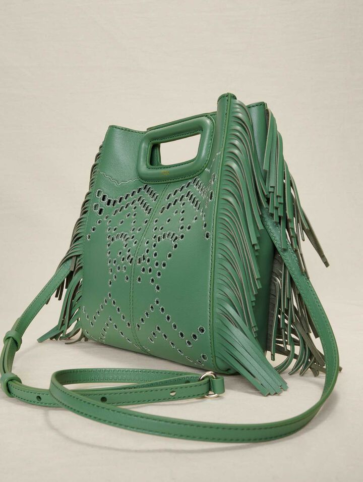 Borsa M con frange in pelle traforata