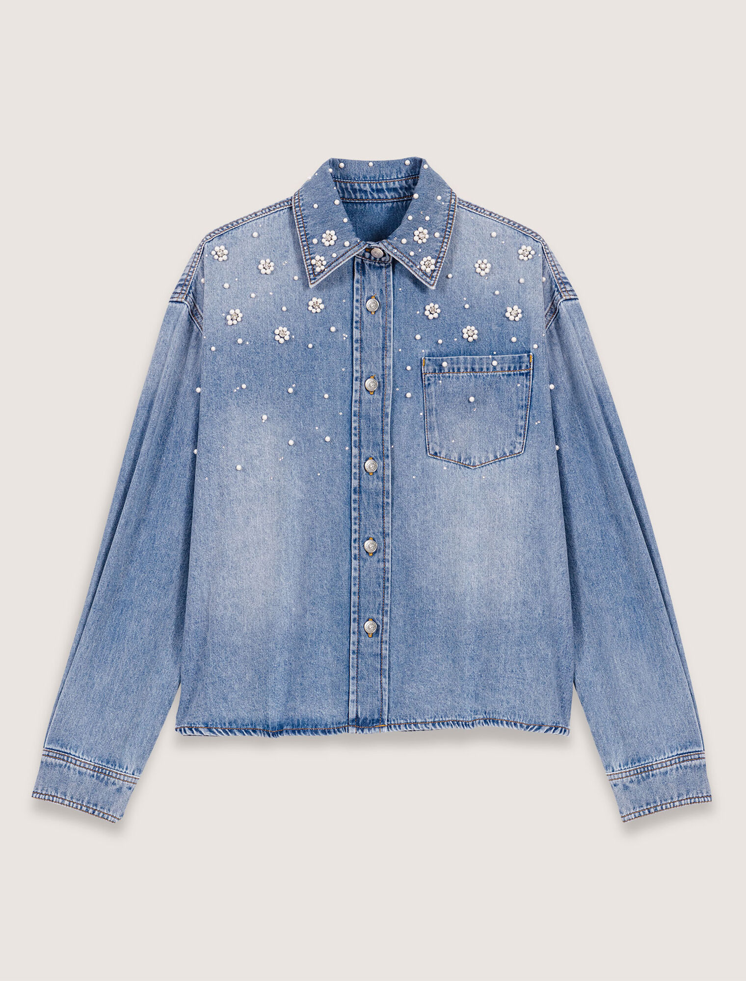 Camicia in denim con perle ricamate