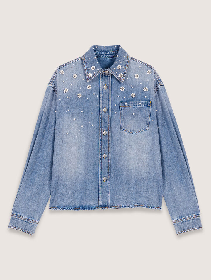 Camicia in denim con perle ricamate