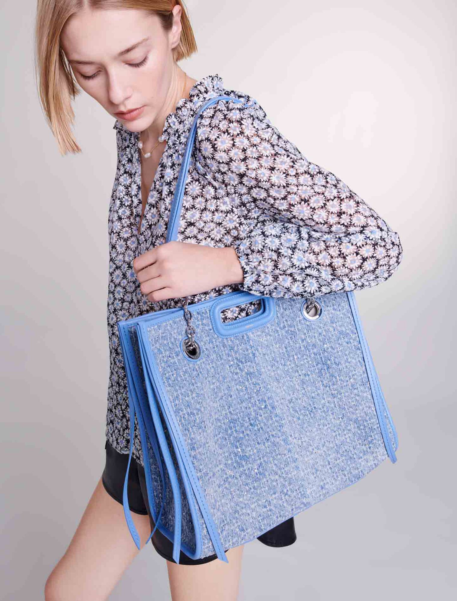 Tote bag in tela di denim e strass
