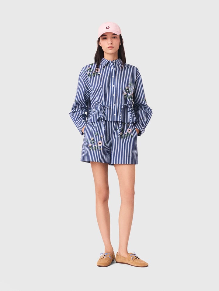 Camicia corta a righe ricamata