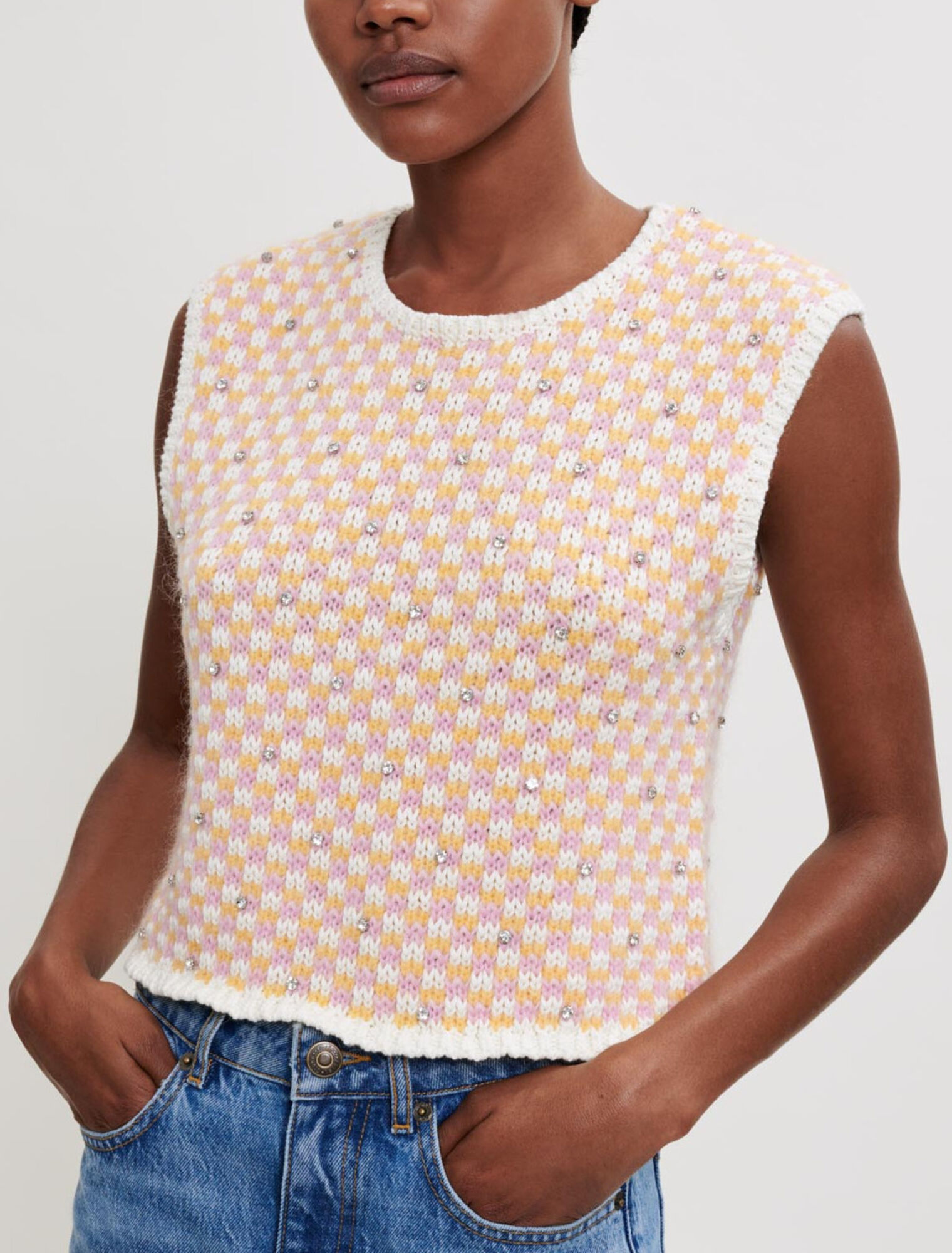 Pullover in maglia fantasia e strass