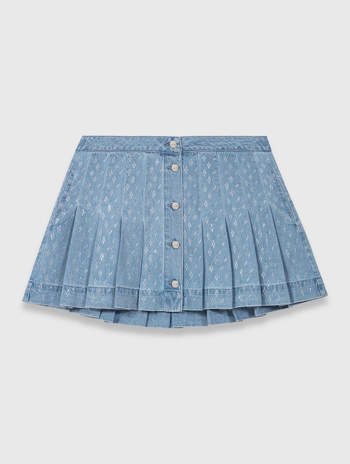 Gonna plissettata denim con strass