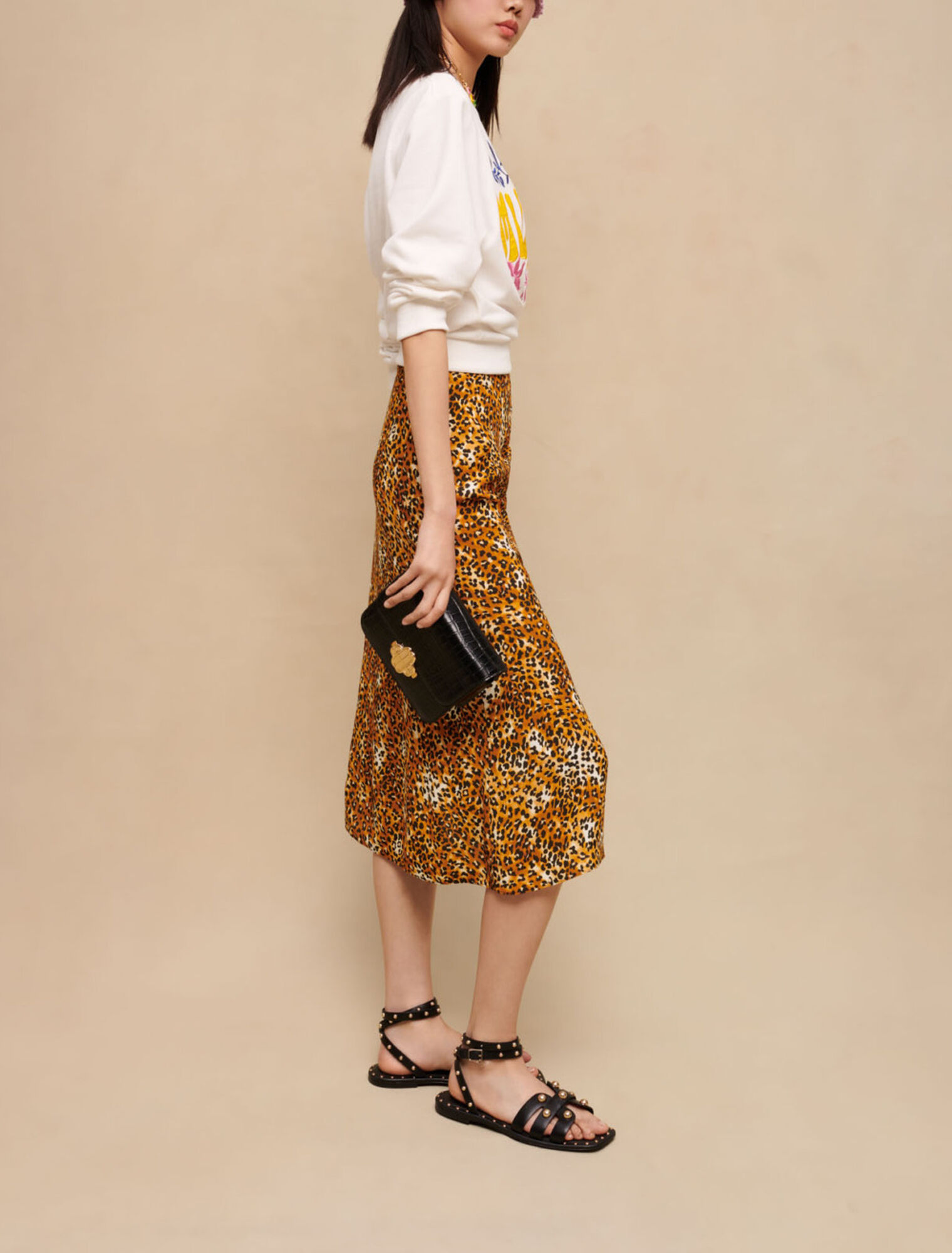 Gonna midi con stampa leopardo