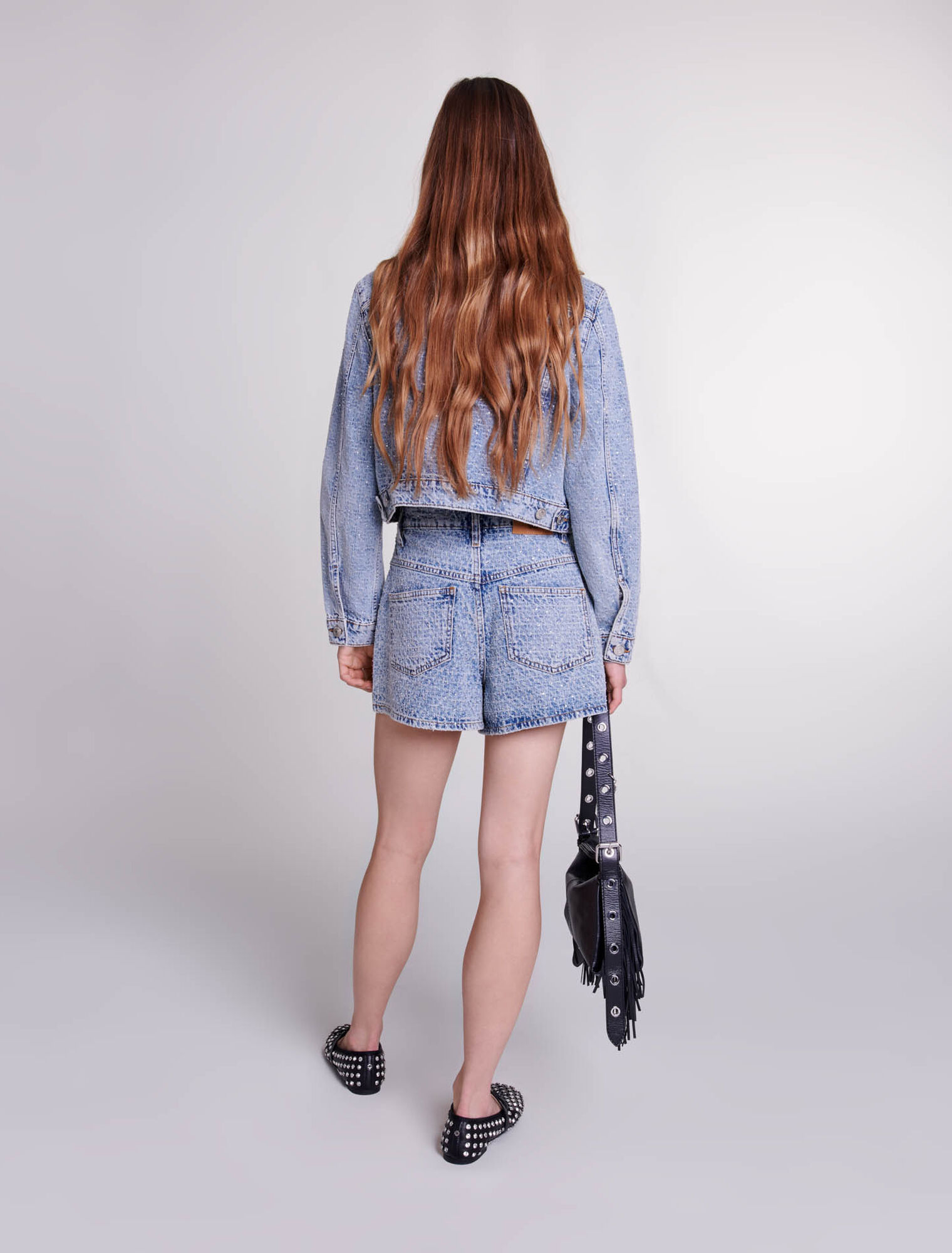 Short in jeans jacquard e strass