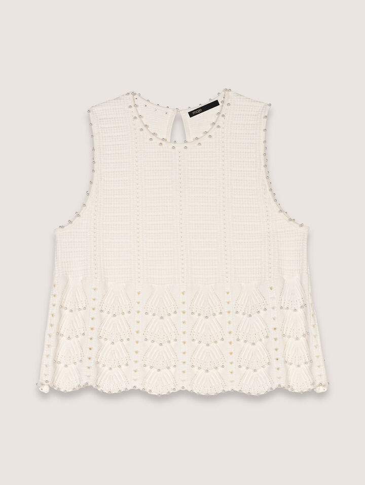 Top in maglia pointelle con perle