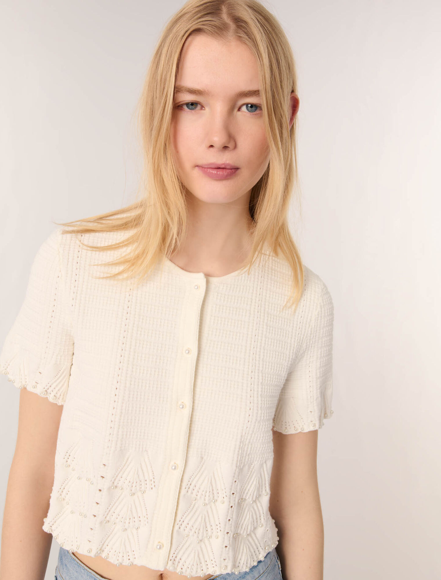 Cardigan maglia pointelle con perle