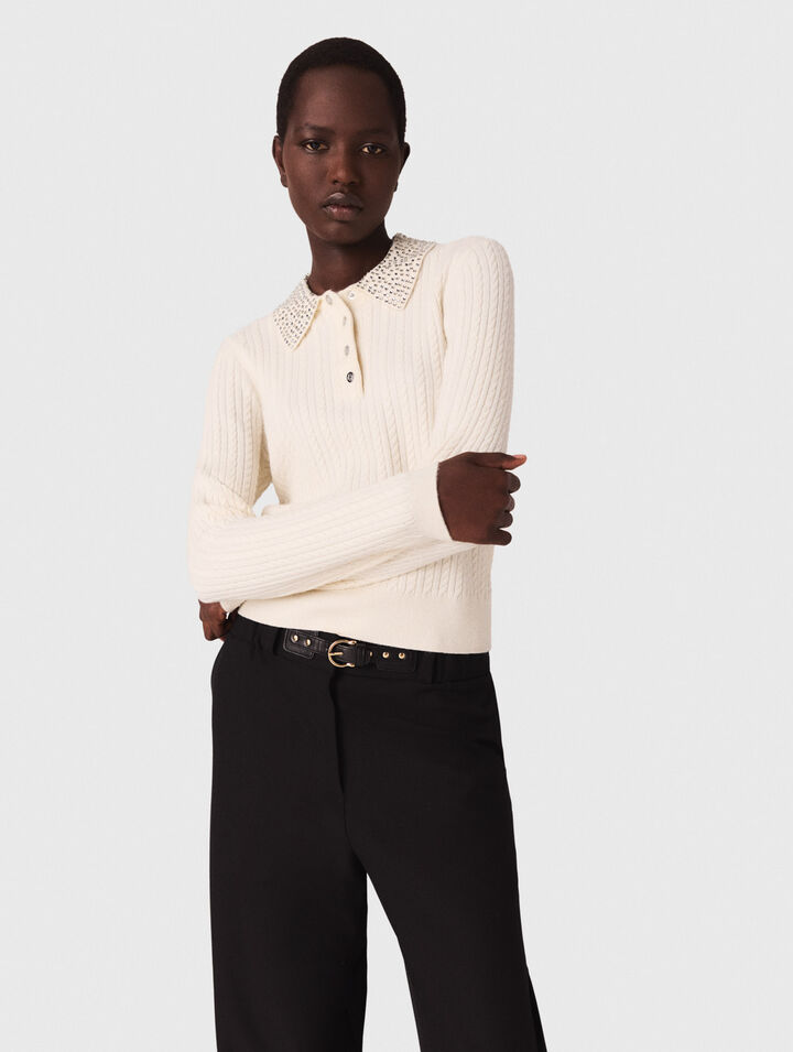 Polo in maglia con collo strass