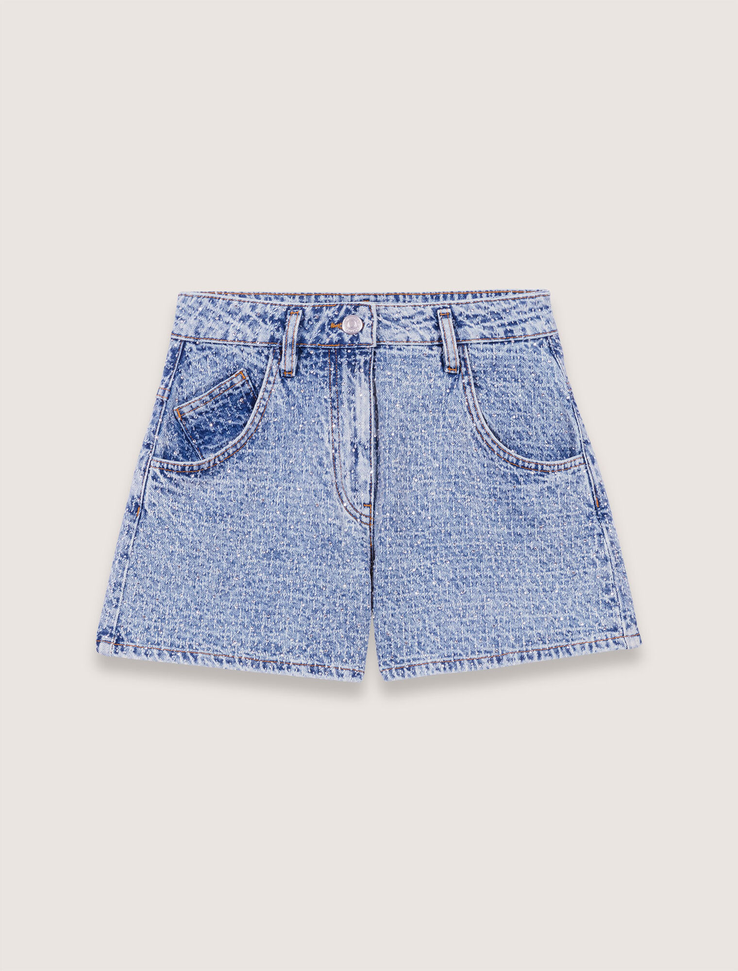 Short in jeans jacquard e strass