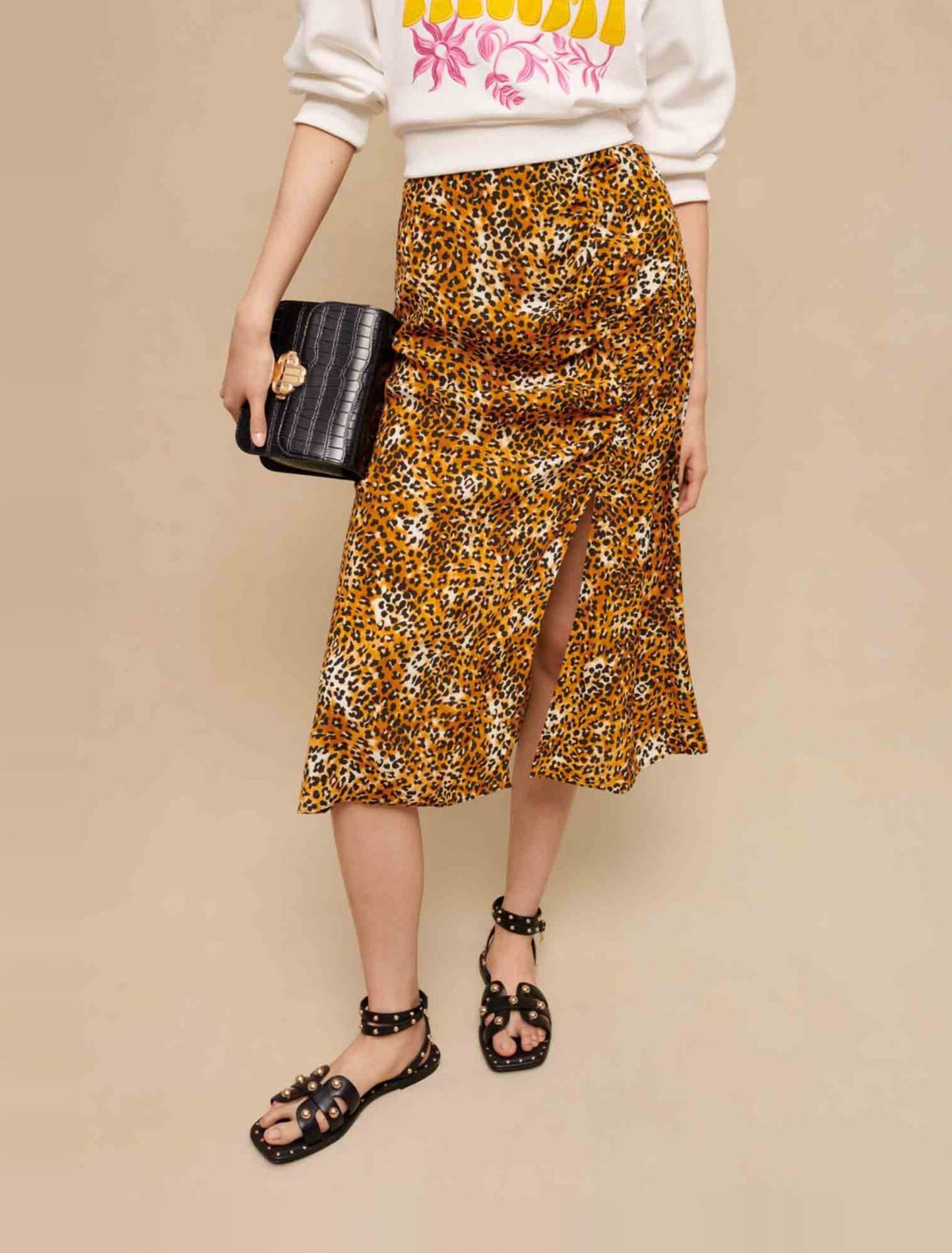 Gonna midi con stampa leopardo
