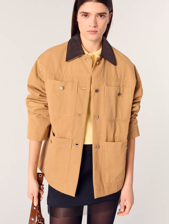 Cappotto in cotone collo in pelle