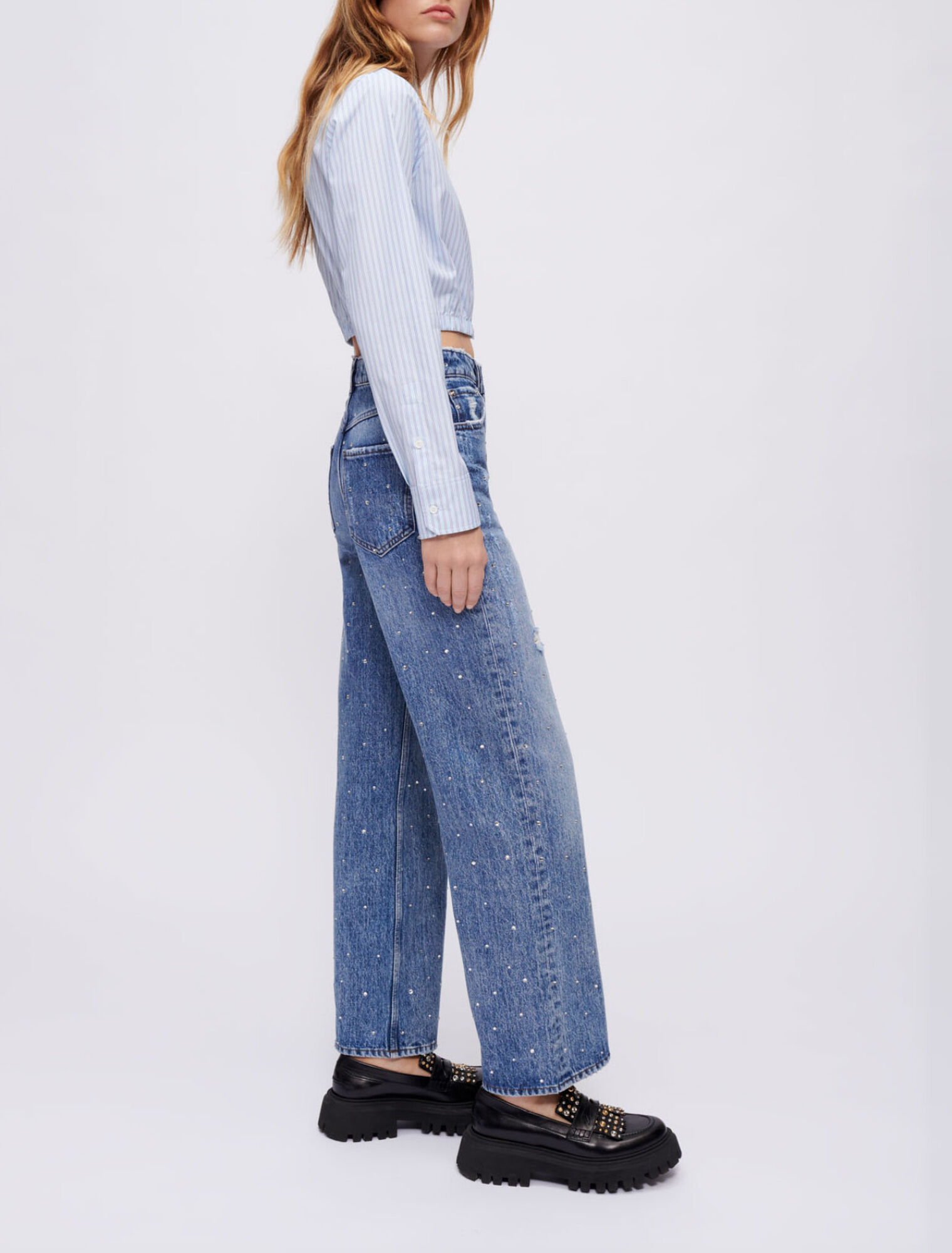 Jeans a vita alta interamente in strass