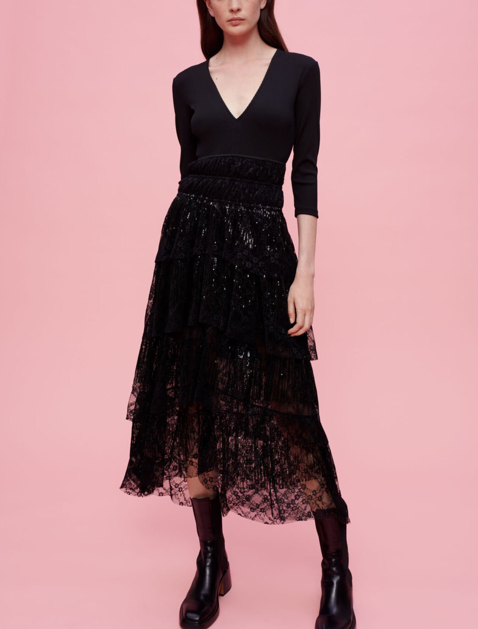 Abito in pizzo e jersey con paillettes