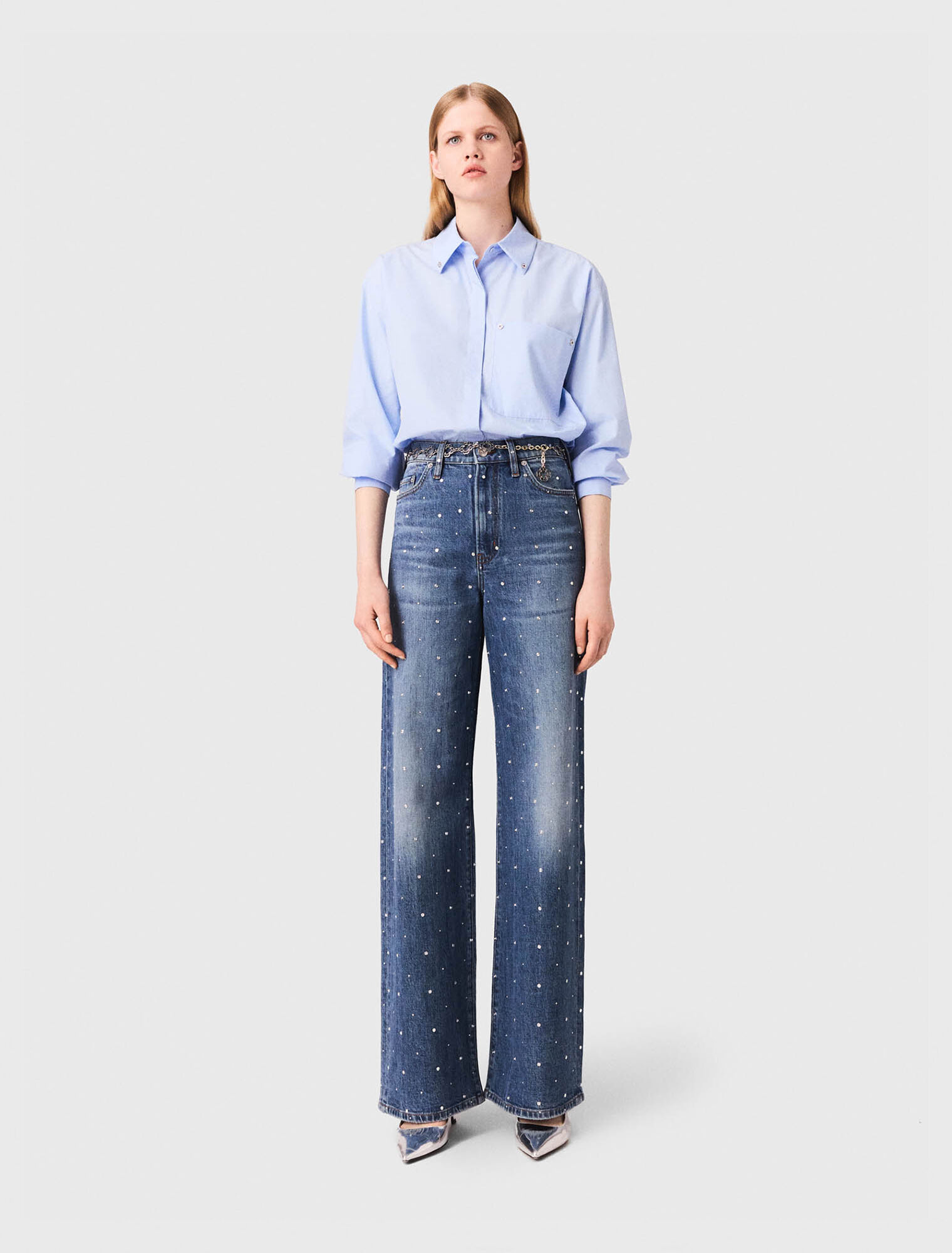 Jeans larghi in denim con borchie